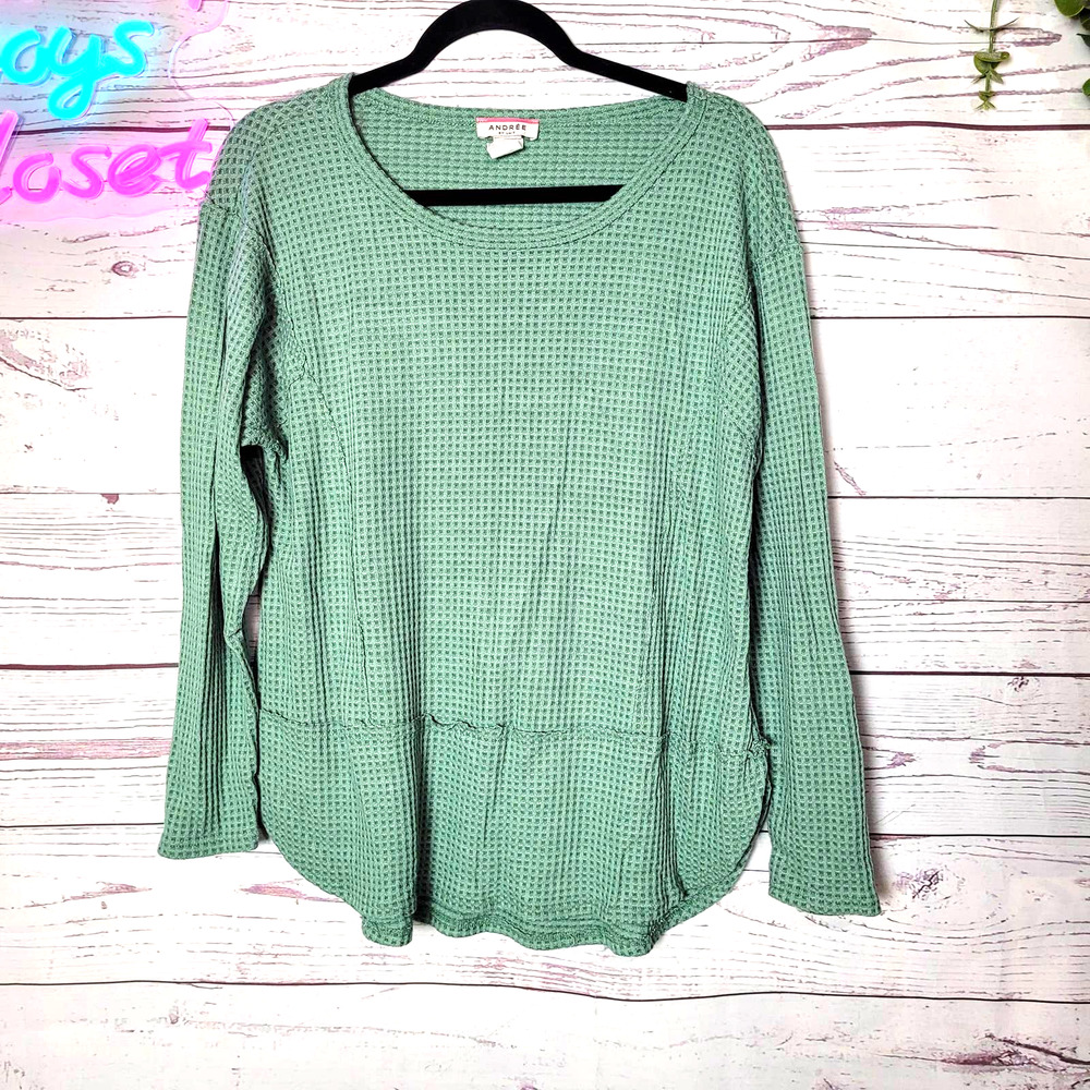 Andree by Unit Sage Green Waffle Knit Pullover Slouchy Sweater Womans Size Large